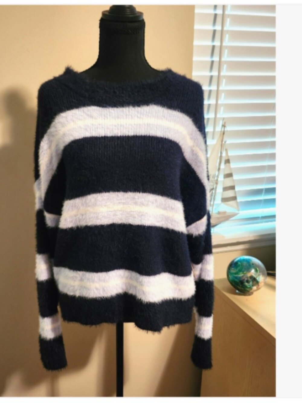 Nautical Navy WhiteStripe Eyelash Knit Sweater XXL Cozy Coastal Preppy Chic NWT